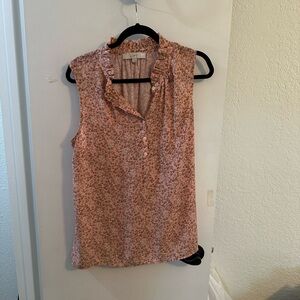 LOFT light Coral  Floral Ruffle Neck Sleeveless Top